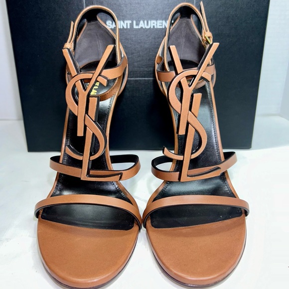 SAINT LAURENT CASSANDRA 100 SANDAL METAL YSL LOGO BROWN LEATHER SZ 39.5 NEW! - Picture 1 of 16